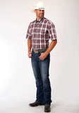MENS RED WHITE AND BLACK PLAID SHORT SLEEVE WESTERN BUTTON SHIRT