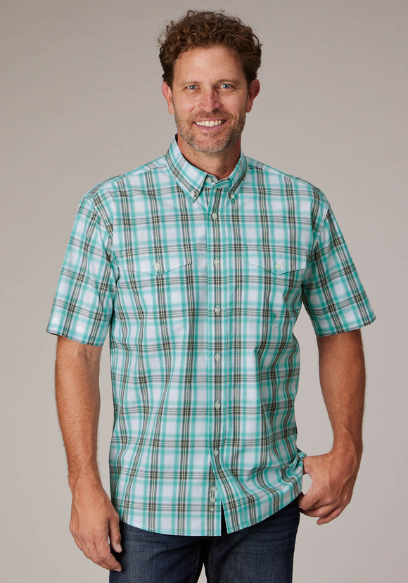 MENS SHORT SLEEVE BUTTON COLD SPRINGS PLAID WESTERN SHIRT