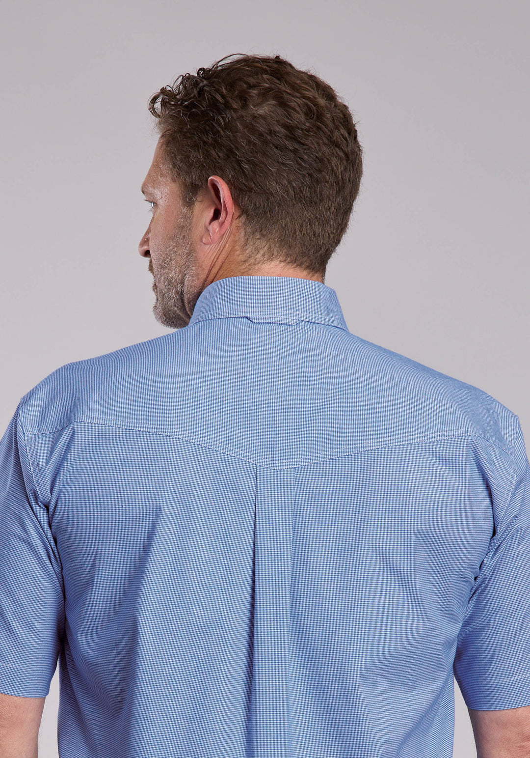 MENS ROPER STRETCH MINI CHECK BLUE SHORT SLEEVE BUTTON SHIRT