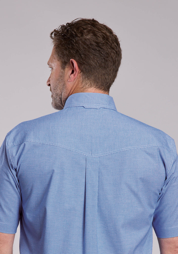 MENS ROPER STRETCH MINI CHECK BLUE SHORT SLEEVE BUTTON SHIRT