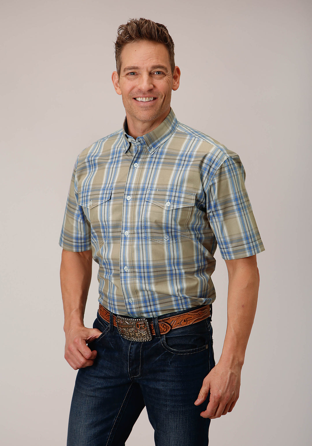 MENS SHORT SLEEVE BUTTON SANDY PLAID WESTERN SHIRT