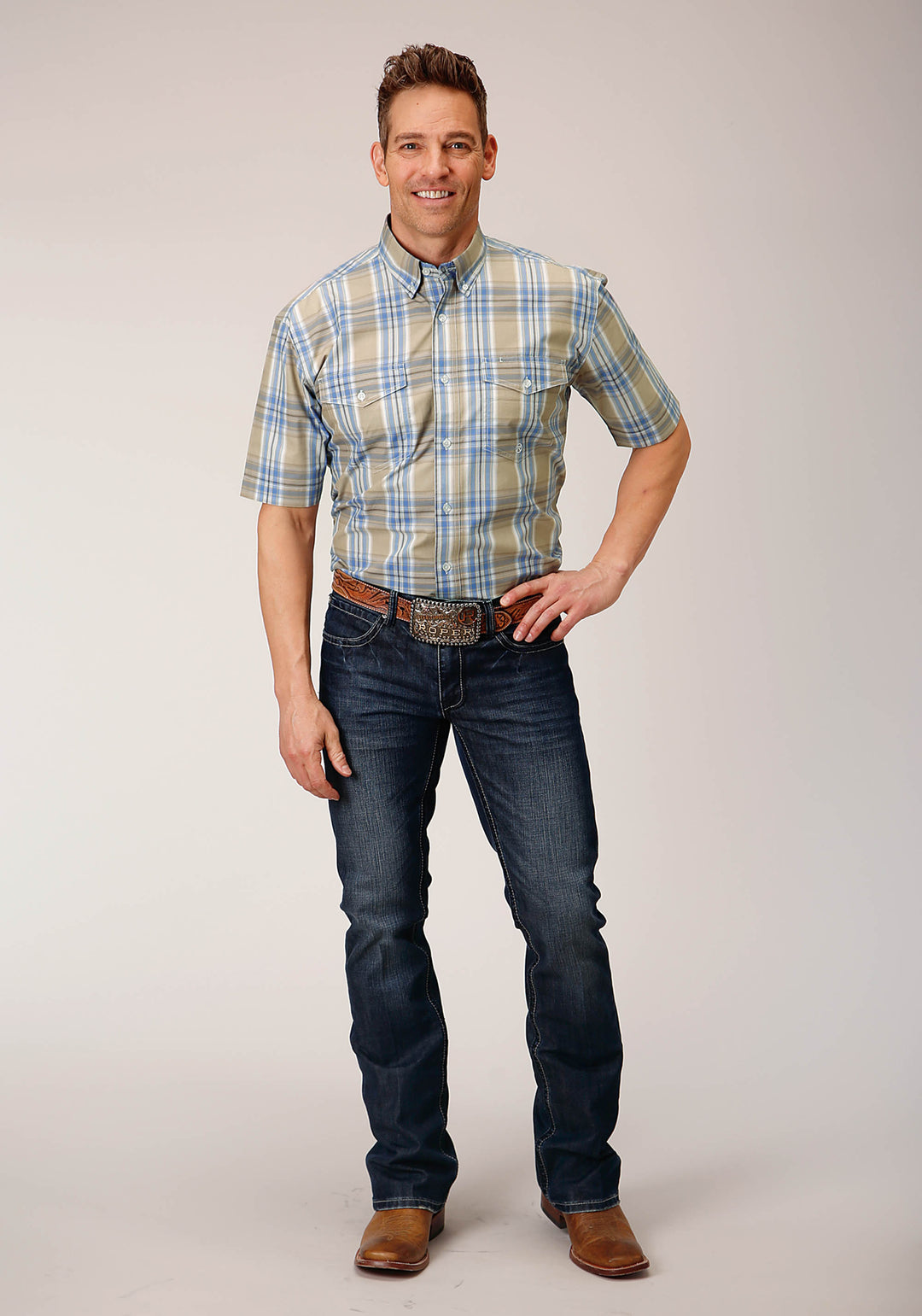 MENS SHORT SLEEVE BUTTON SANDY PLAID WESTERN SHIRT
