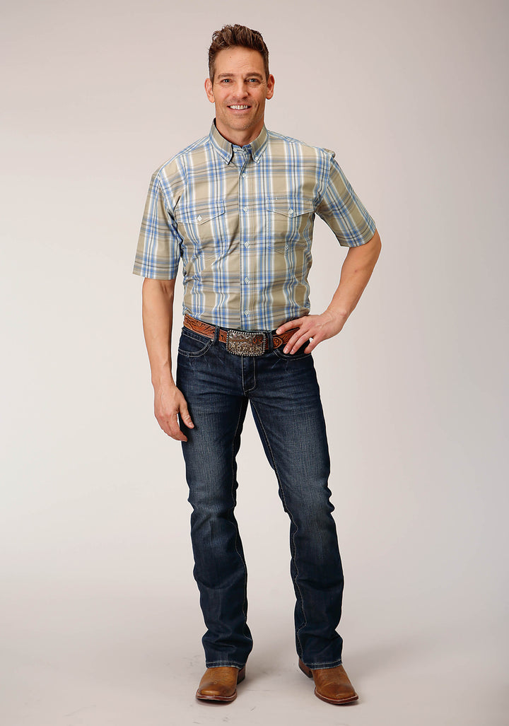 MENS SHORT SLEEVE BUTTON SANDY PLAID WESTERN SHIRT