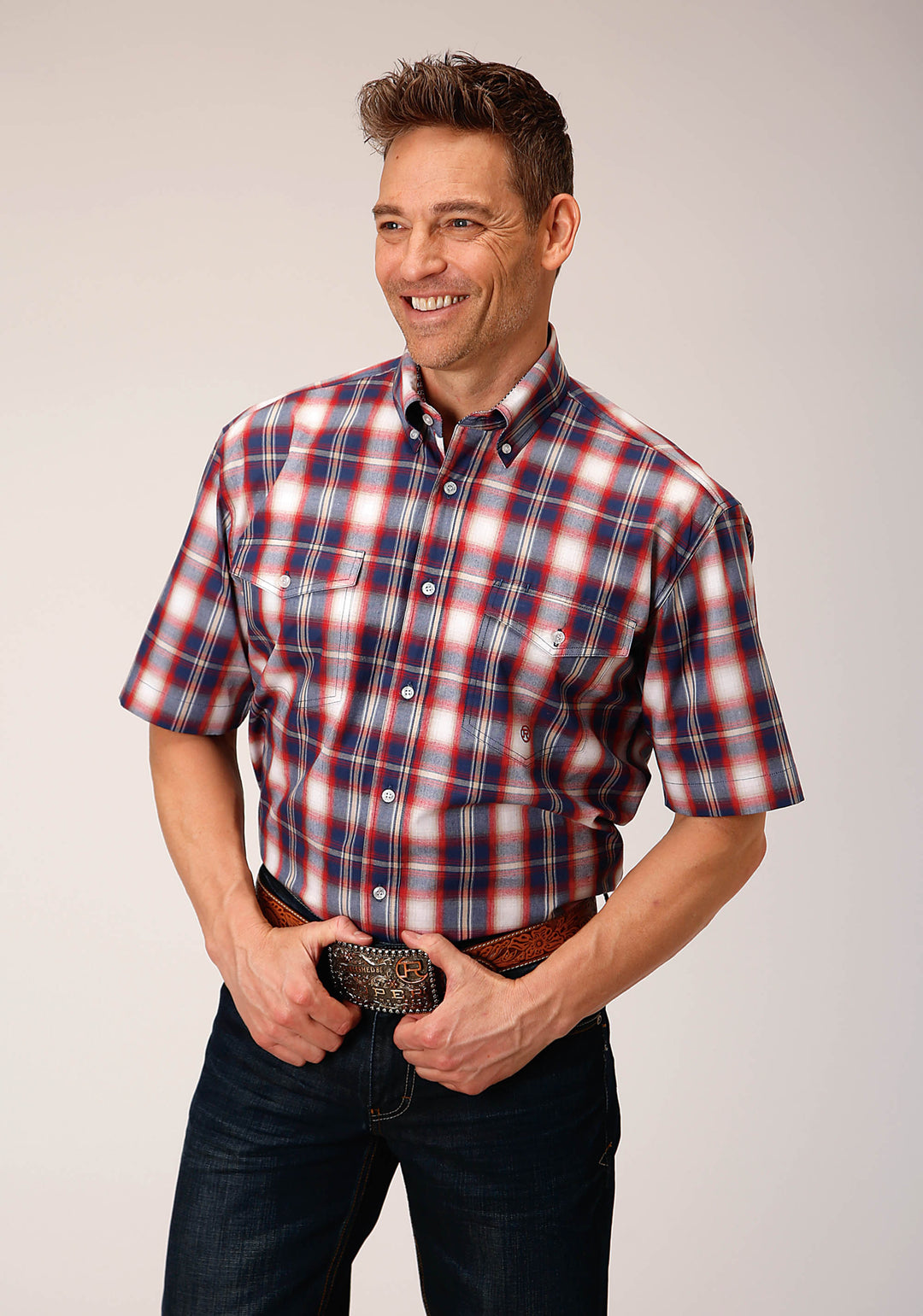 MENS SHORT SLEEVE BUTTON INDEPENDENCE PLAID WESTERN SHIRT