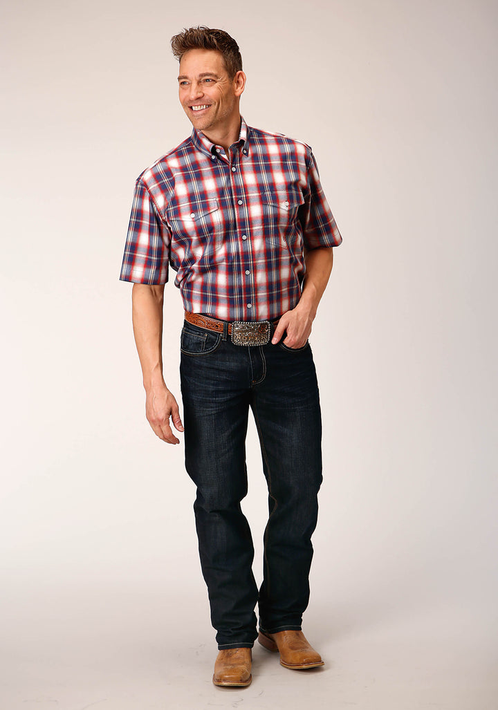 MENS SHORT SLEEVE BUTTON INDEPENDENCE PLAID WESTERN SHIRT