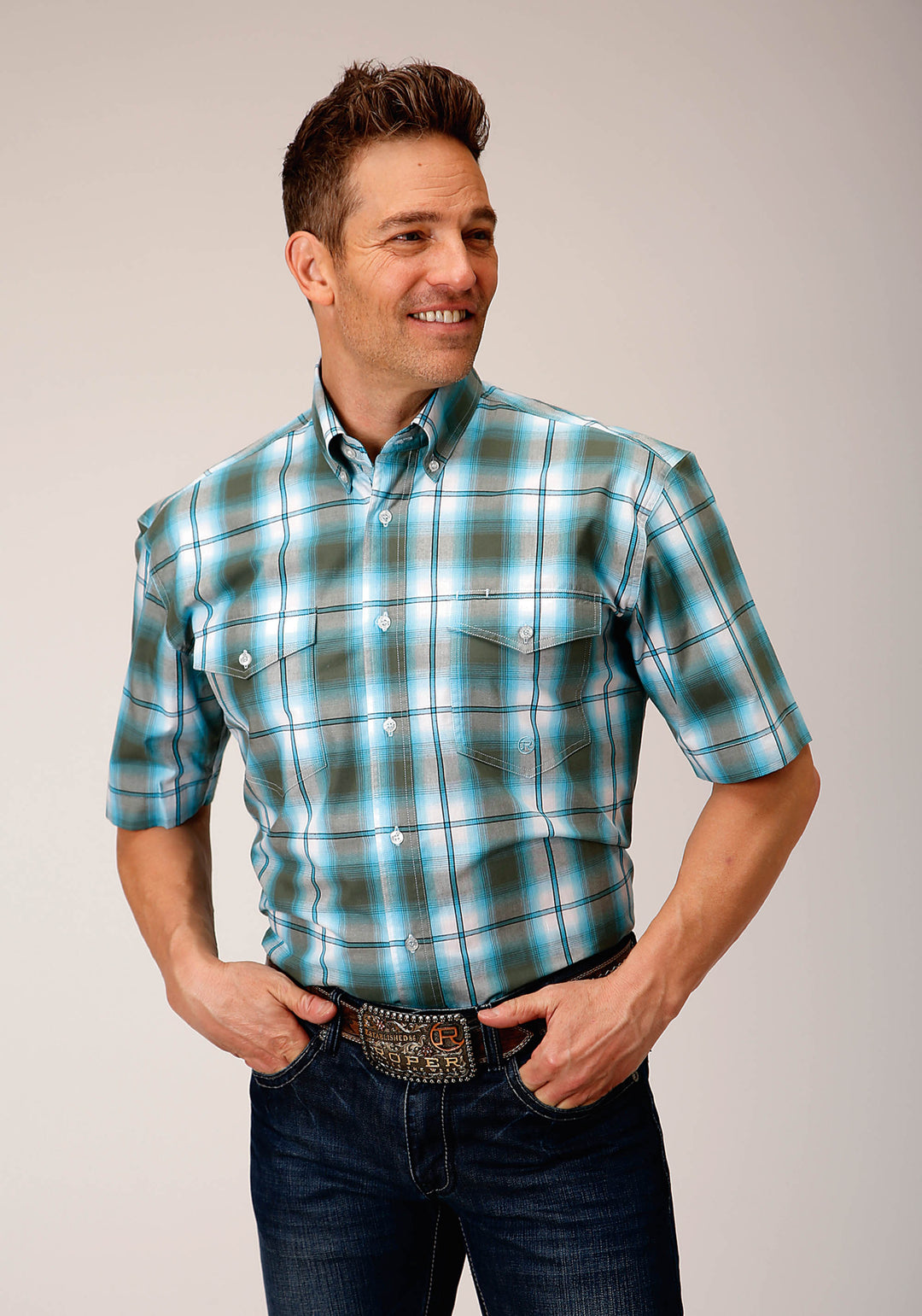 MENS SHORT SLEEVE BUTTON MEADOW PLAID WESTERN SHIRT