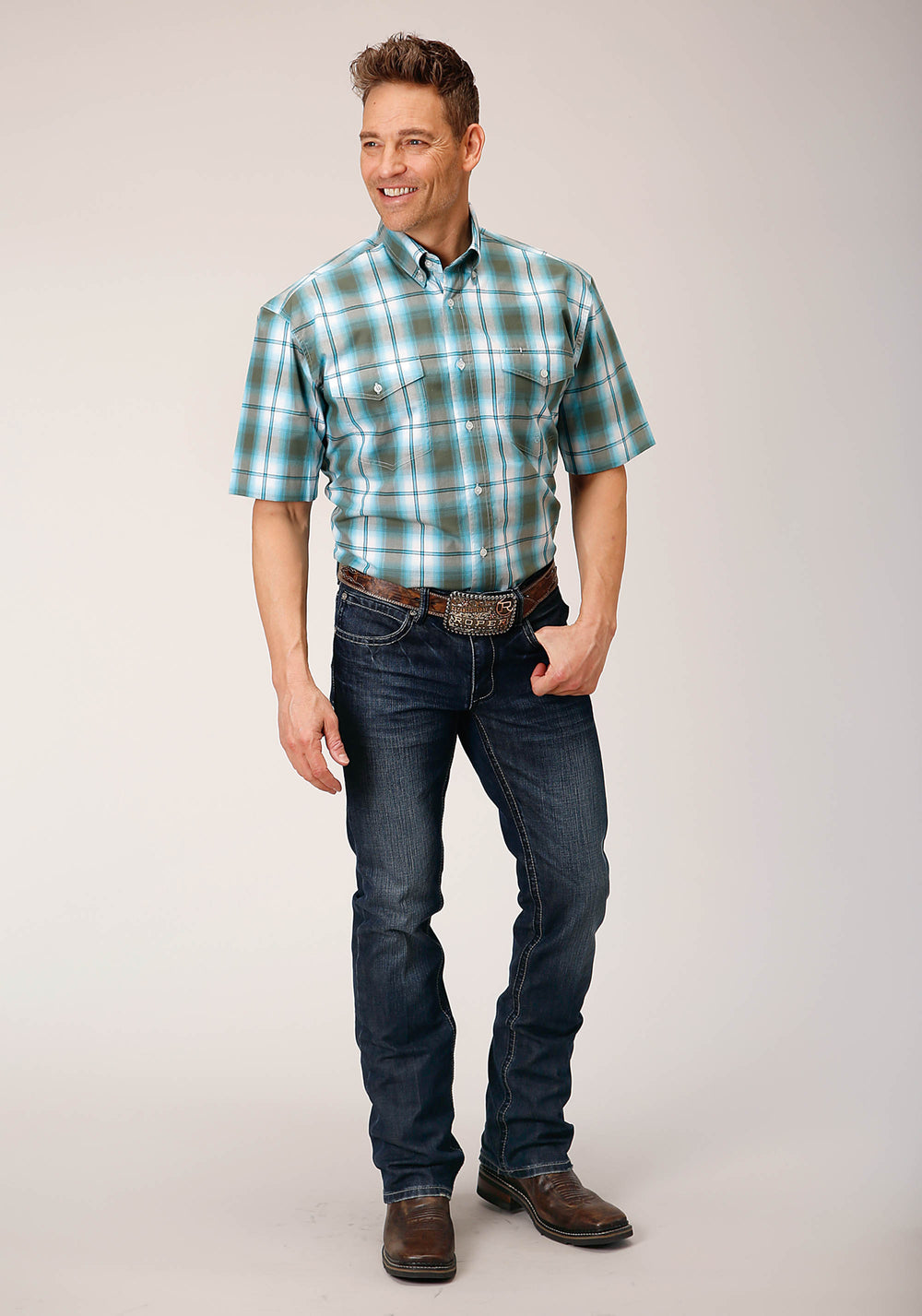 MENS SHORT SLEEVE BUTTON MEADOW PLAID WESTERN SHIRT