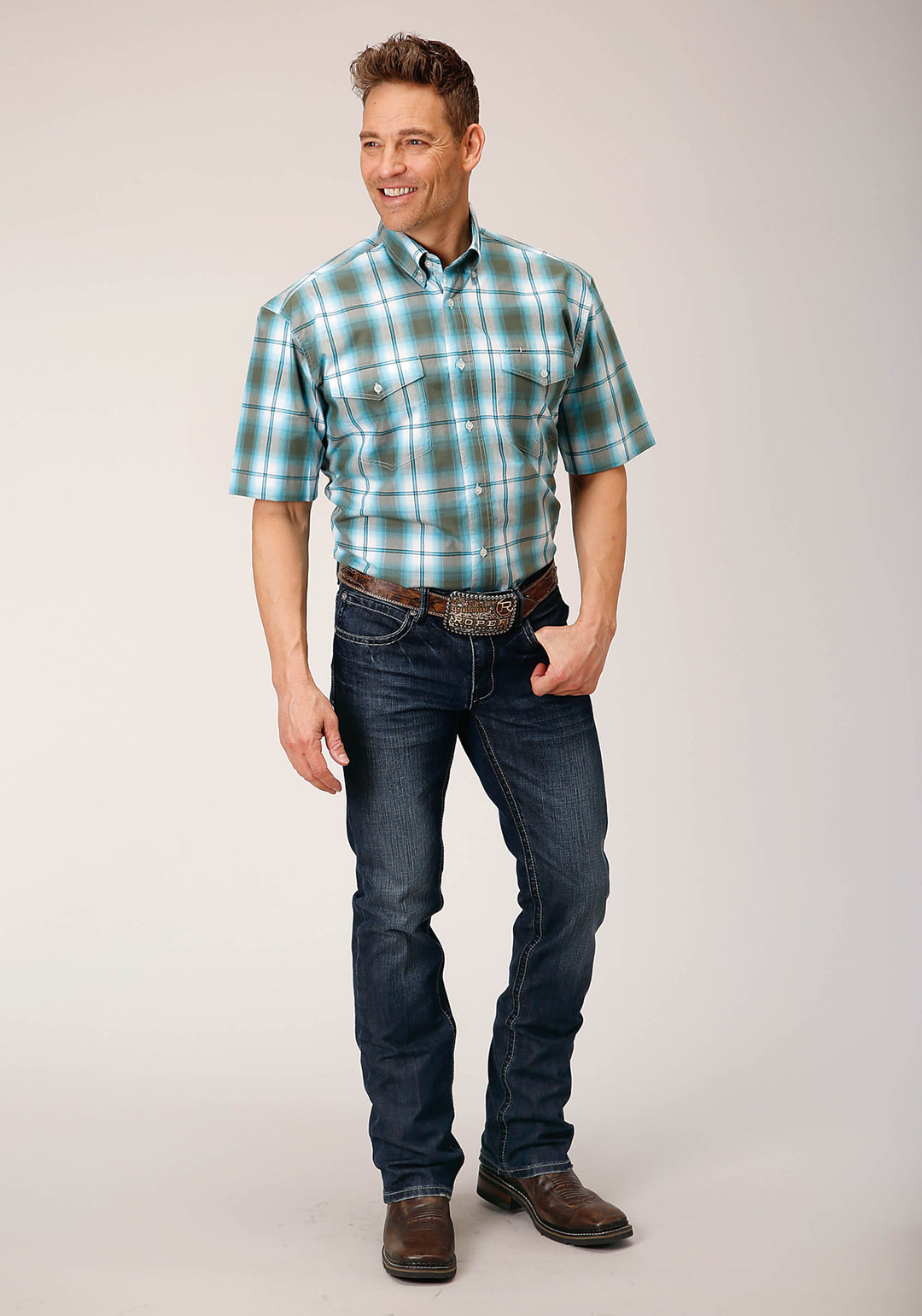 MENS SHORT SLEEVE BUTTON MEADOW PLAID WESTERN SHIRT