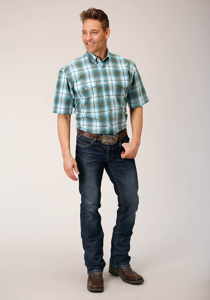 MENS SHORT SLEEVE BUTTON MEADOW PLAID WESTERN SHIRT