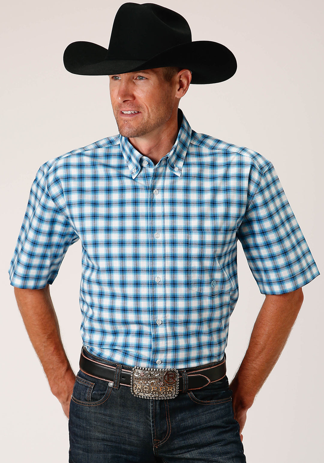 MENS SHORT SLEEVE BUTTON NEW STRETCH CHECK  BLUE WESTERN SHIRT