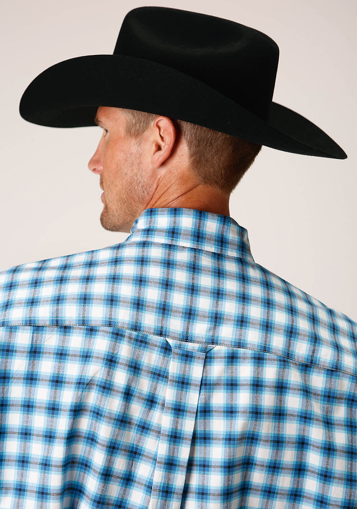 MENS SHORT SLEEVE BUTTON NEW STRETCH CHECK  BLUE WESTERN SHIRT