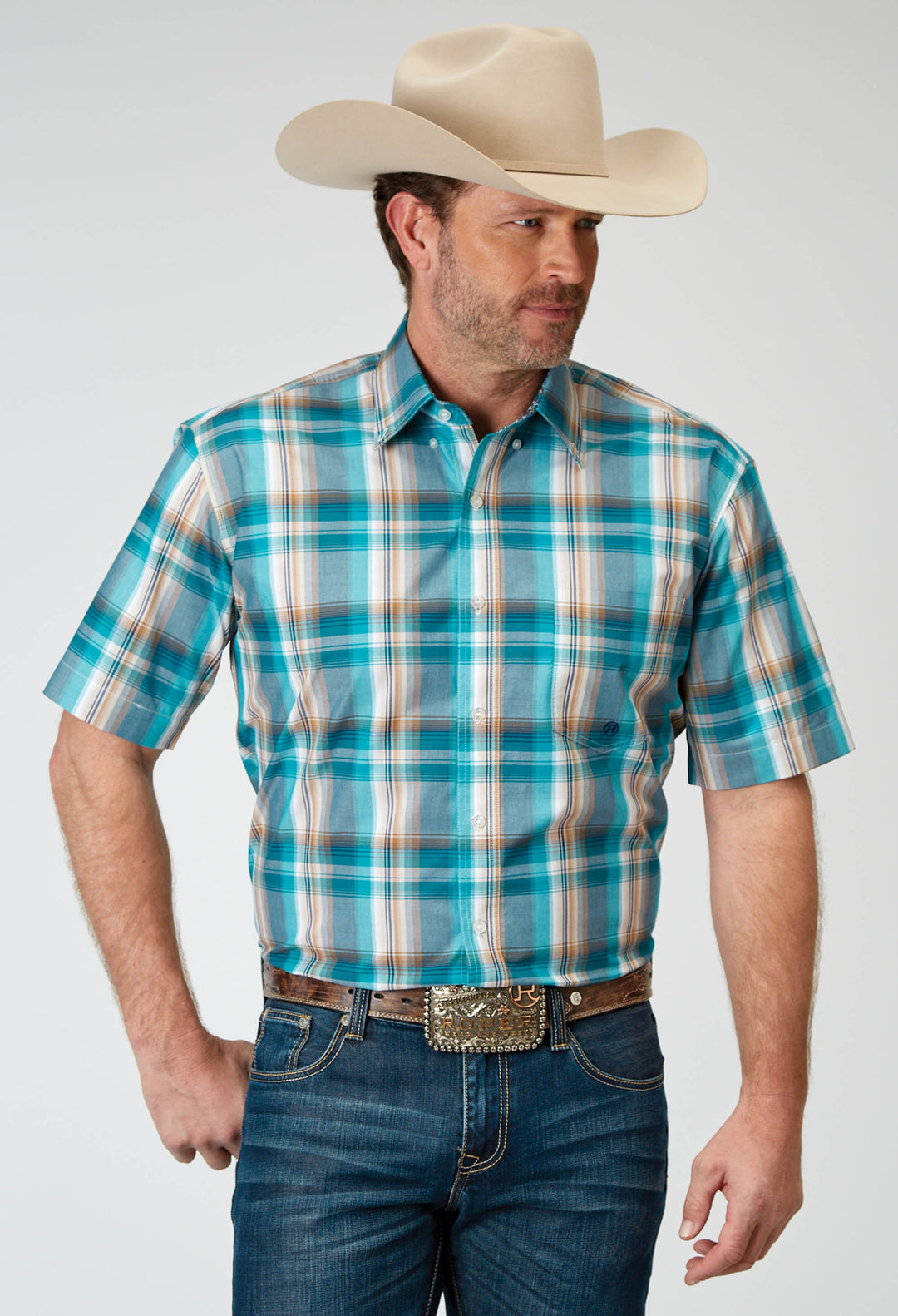 MENS SHORT SLEEVE BUTTON WATERS EDGE PLAID WESTERN SHIRT