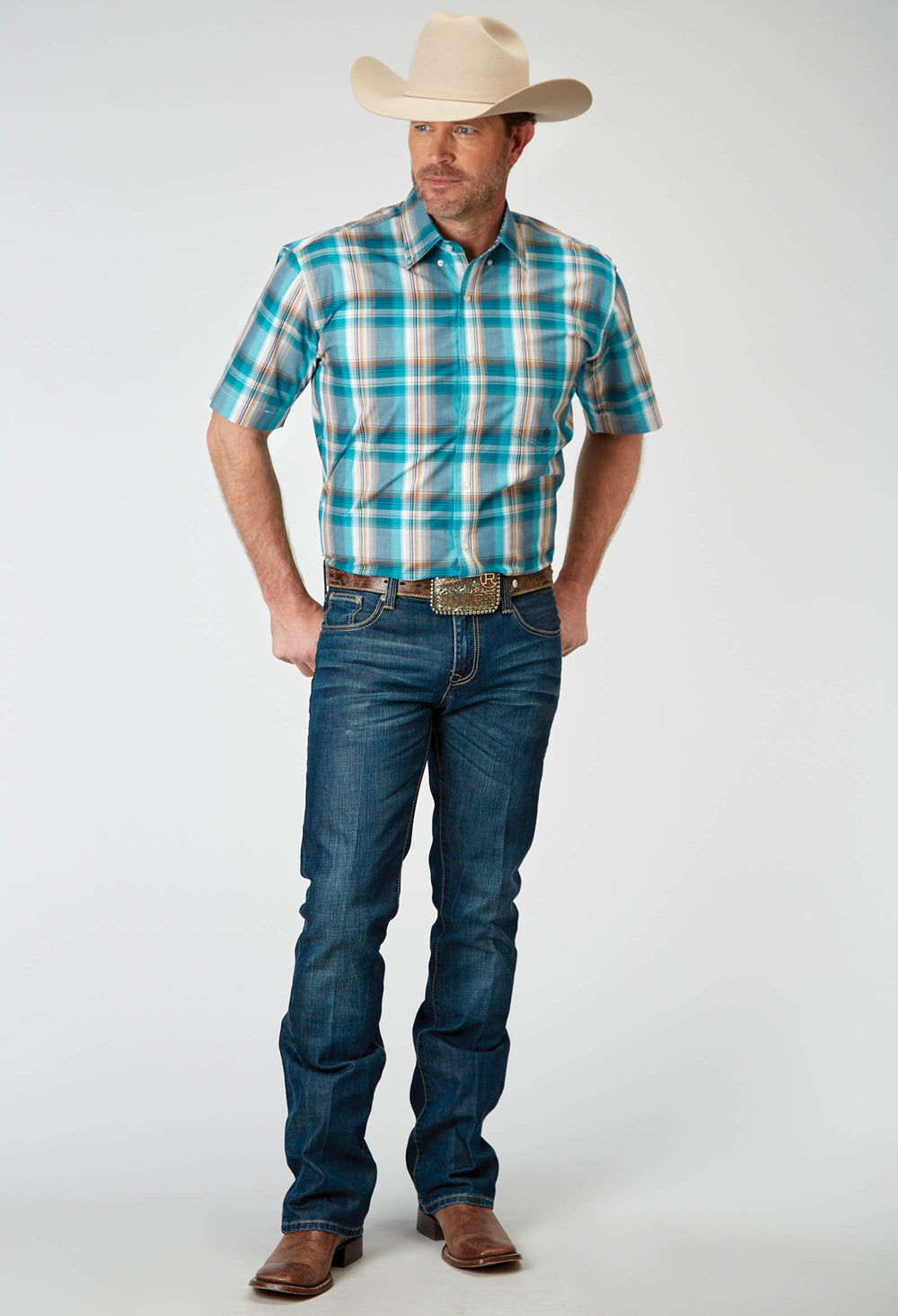 MENS SHORT SLEEVE BUTTON WATERS EDGE PLAID WESTERN SHIRT