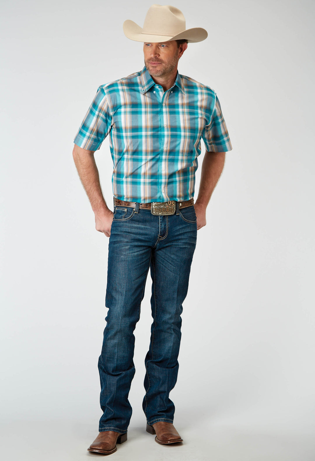 MENS SHORT SLEEVE BUTTON WATERS EDGE PLAID WESTERN SHIRT