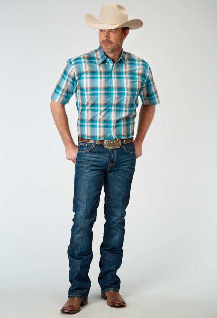 MENS SHORT SLEEVE BUTTON WATERS EDGE PLAID WESTERN SHIRT