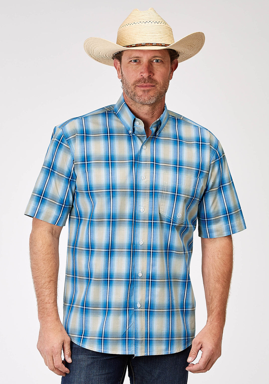 MENS SHORT SLEEVE BUTTON CHICORY OMBRE PLAID WESTERN SHIRT
