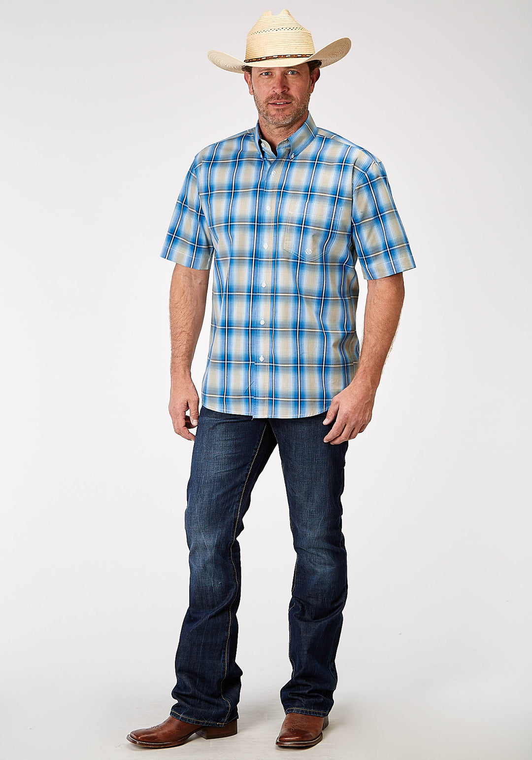 MENS SHORT SLEEVE BUTTON CHICORY OMBRE PLAID WESTERN SHIRT