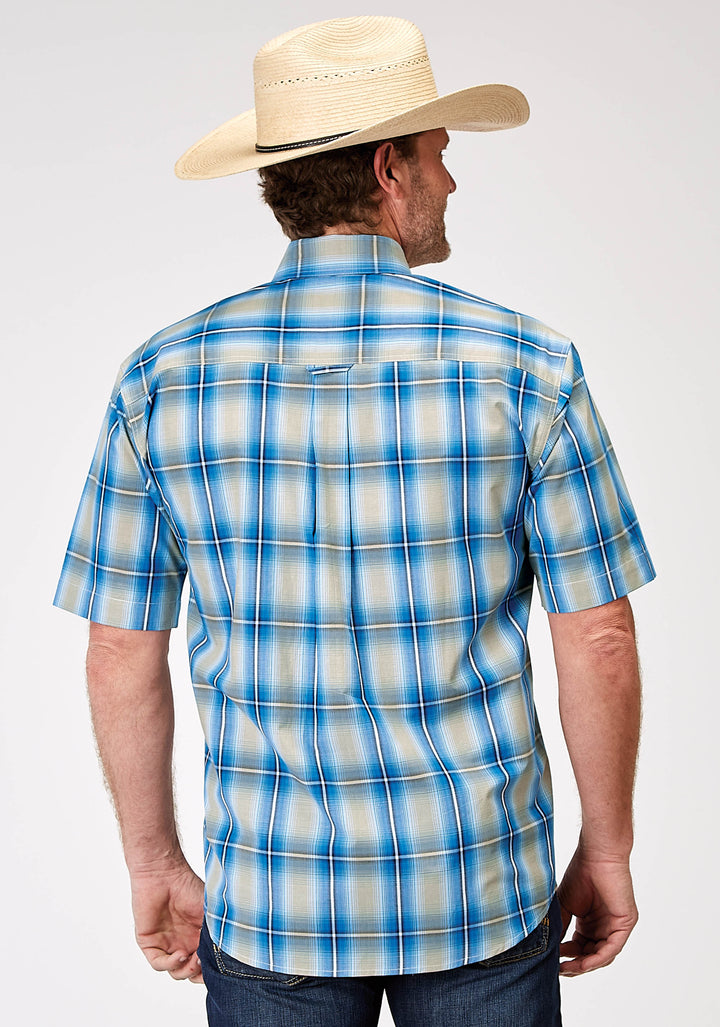 MENS SHORT SLEEVE BUTTON CHICORY OMBRE PLAID WESTERN SHIRT
