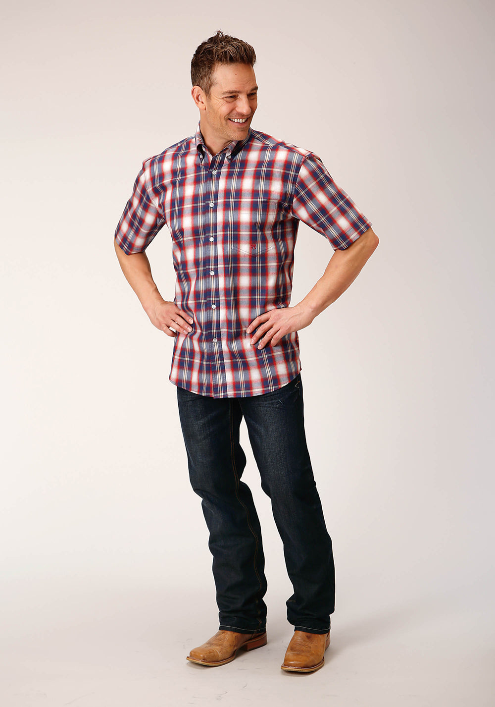 MENS SHORT SLEEVE BUTTON INDEPENDENCE PLAID WESTERN SHIRT