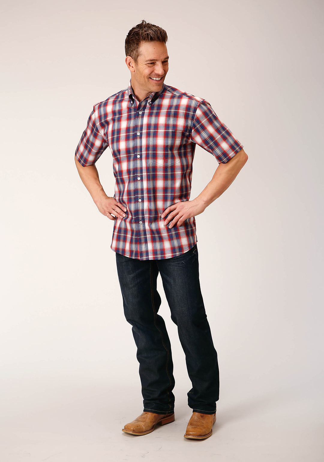 MENS SHORT SLEEVE BUTTON INDEPENDENCE PLAID WESTERN SHIRT
