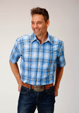 MENS SHORT SLEEVE BUTTON CORNFLOWER PLAID WESTERN SHIRT