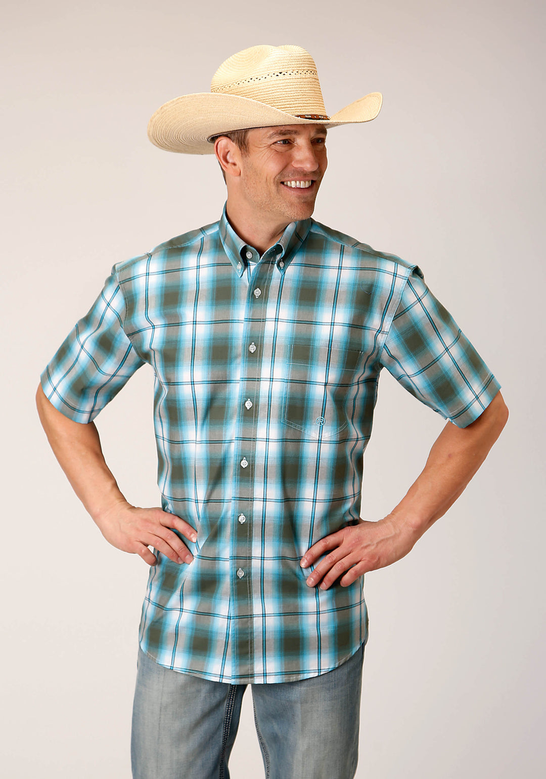 MENS SHORT SLEEVE BUTTON MEADOW PLAID WESTERN SHIRT