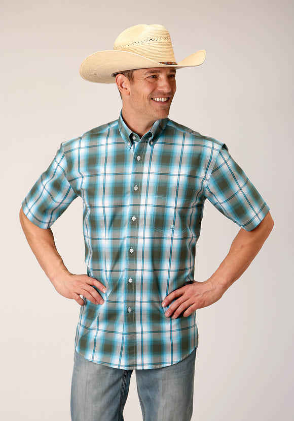 MENS SHORT SLEEVE BUTTON MEADOW PLAID WESTERN SHIRT