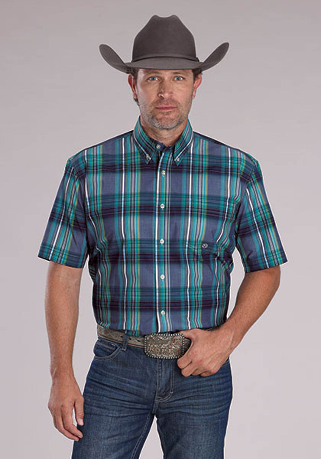 MENS MEADOW PLAID SHORT SLEEVE BUTTON WESTERN SHIRT