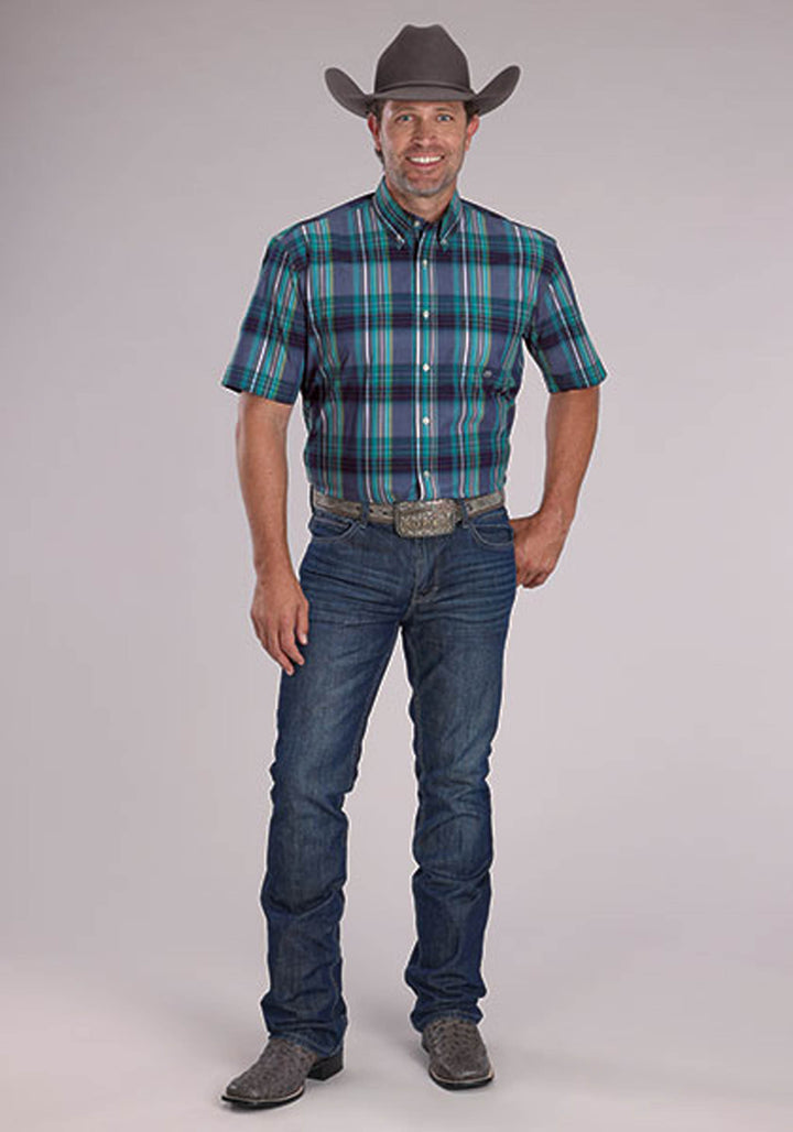 MENS MEADOW PLAID SHORT SLEEVE BUTTON WESTERN SHIRT