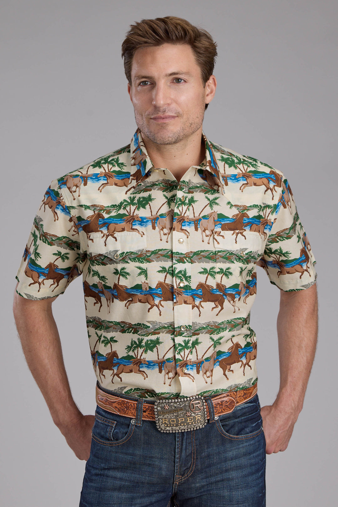 MENS 3 TROPICAL HORSES SHORT SLEEVE SNAP WESTERN SHIRT