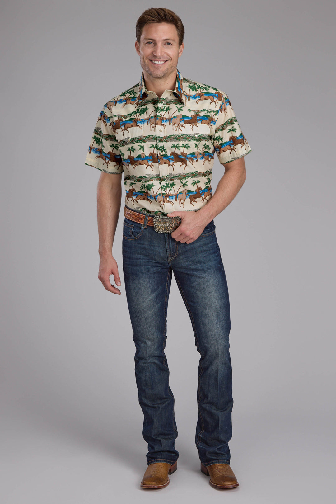 MENS 3 TROPICAL HORSES SHORT SLEEVE SNAP WESTERN SHIRT
