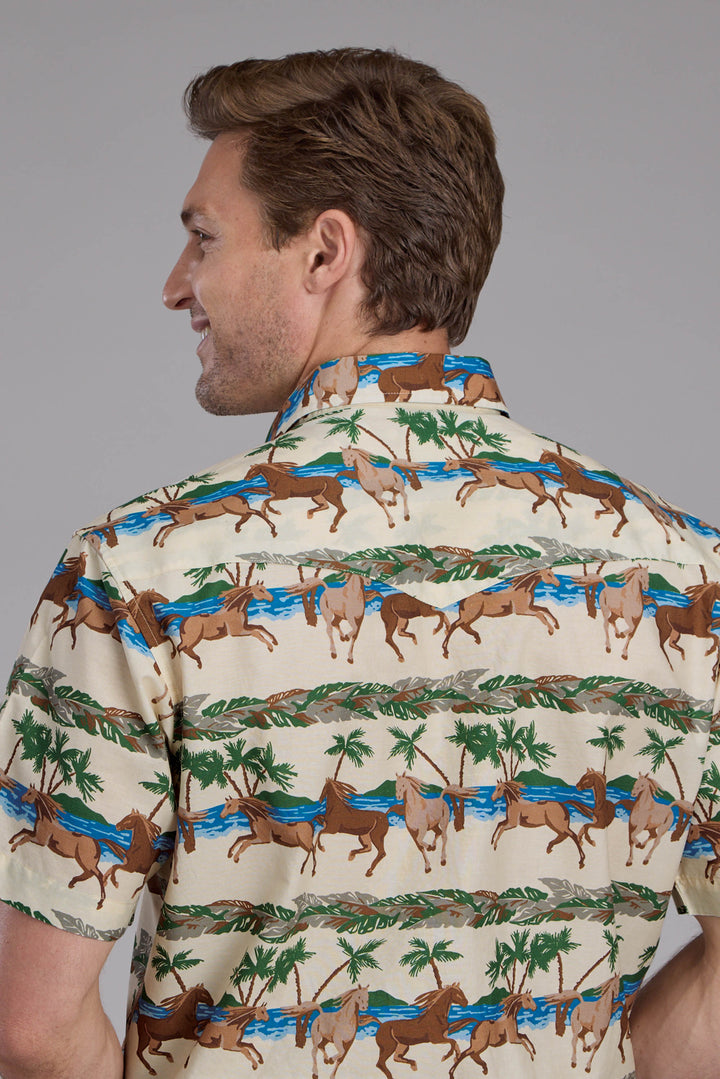 MENS 3 TROPICAL HORSES SHORT SLEEVE SNAP WESTERN SHIRT