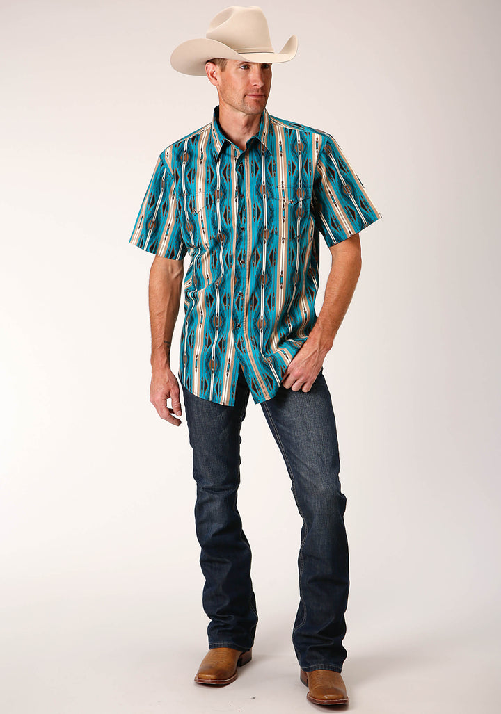 MENS SHORT SLEEVE SNAP AZTEC STRIPE WESTERN SHIRT