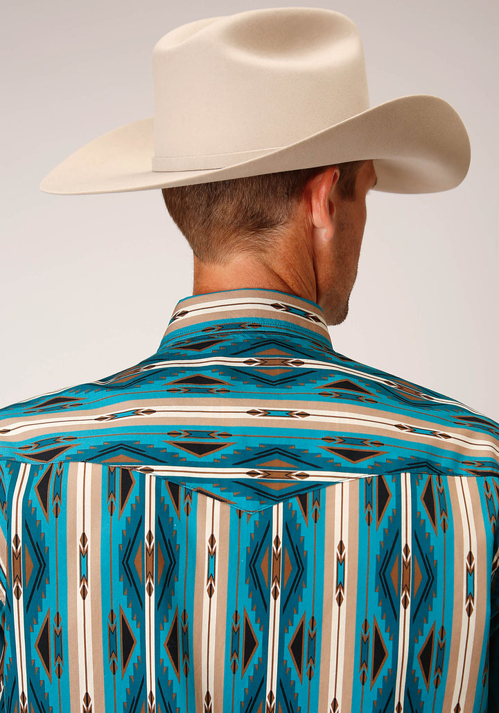 MENS SHORT SLEEVE SNAP AZTEC STRIPE WESTERN SHIRT