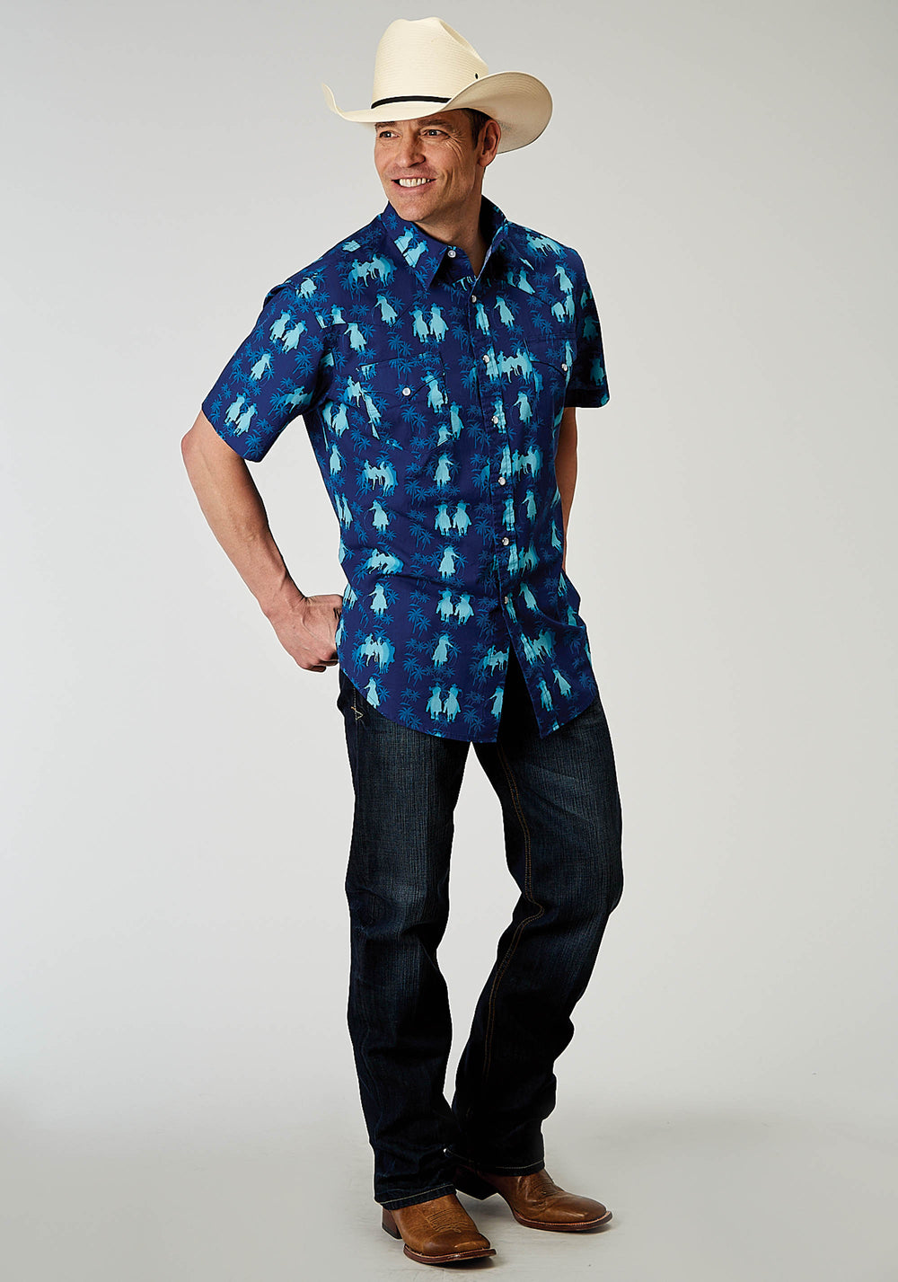 MENS SHORT SLEEVE SNAP HAWAIIAN OMBRE PRINT WESTERN SHIRT