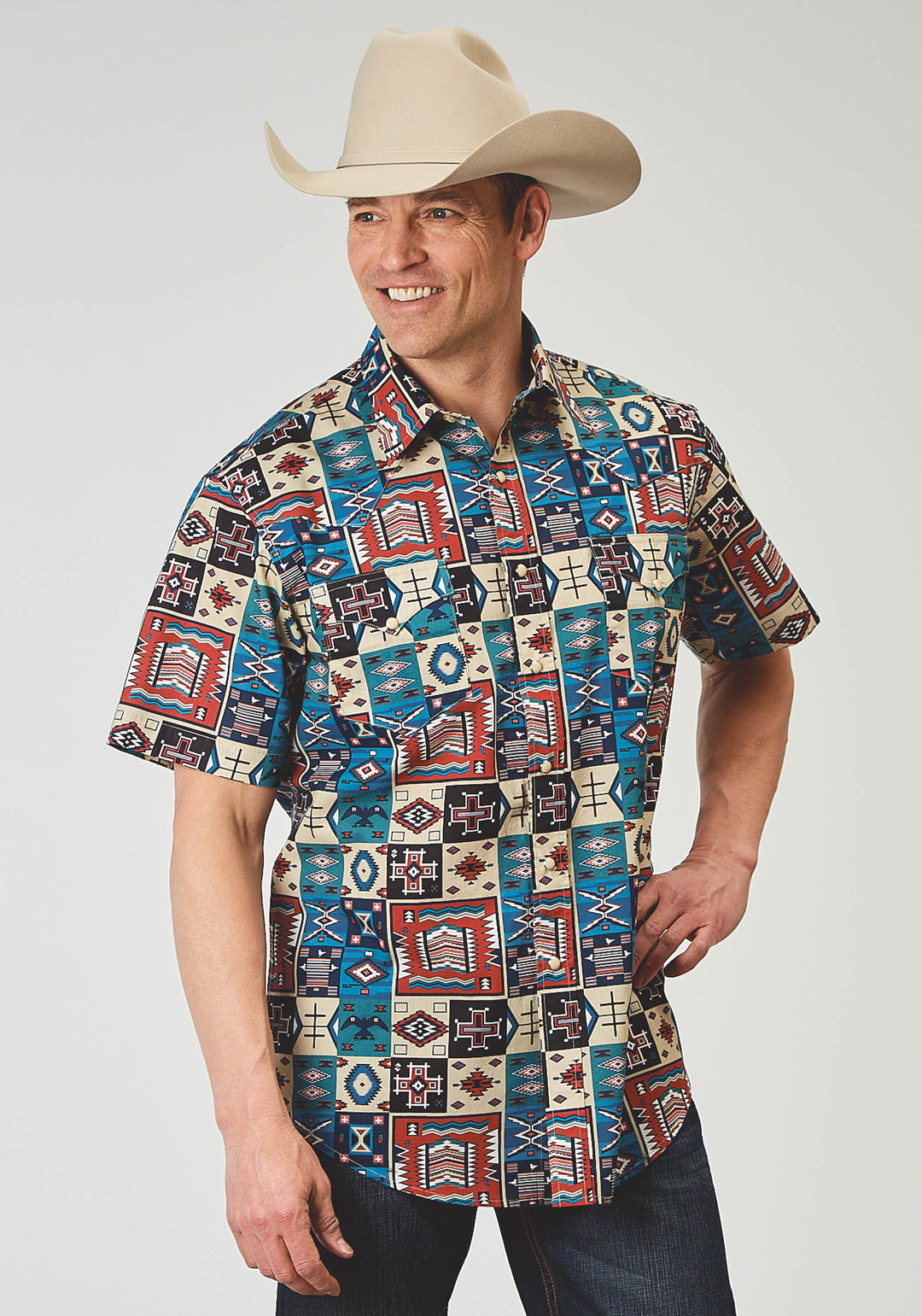 Roper Mens Short Sleeve Snap Vintage Patchwork Print Western Shirt S Roper Mens Short Sleeve Snap Vintage Patchwork Print Western Shirt S