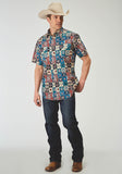 MENS SHORT SLEEVE SNAP VINTAGE PATCHWORK PRINT WESTERN SHIRT