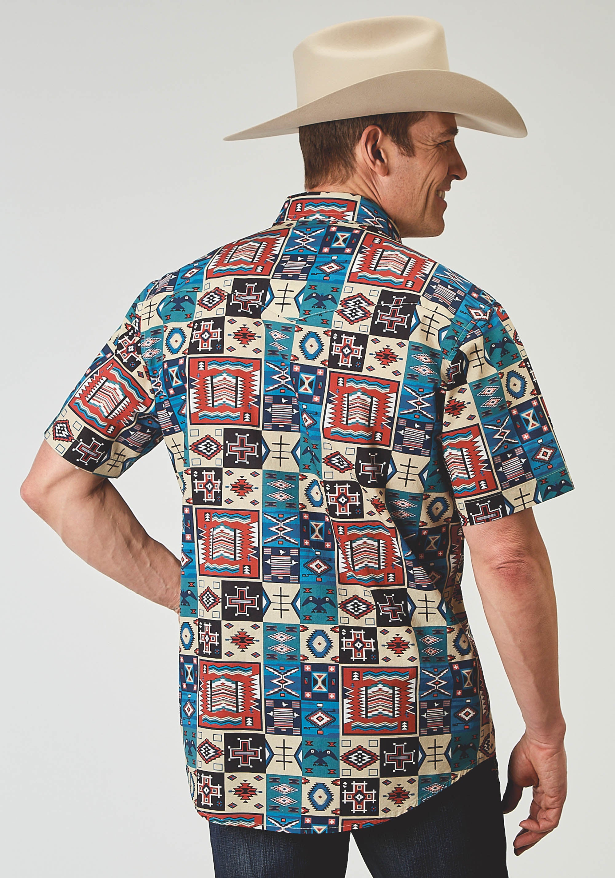 Mens Short Sleeve Snap Vintage Patchwork Print Western Shirt
