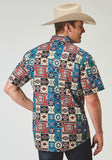 MENS SHORT SLEEVE SNAP VINTAGE PATCHWORK PRINT WESTERN SHIRT