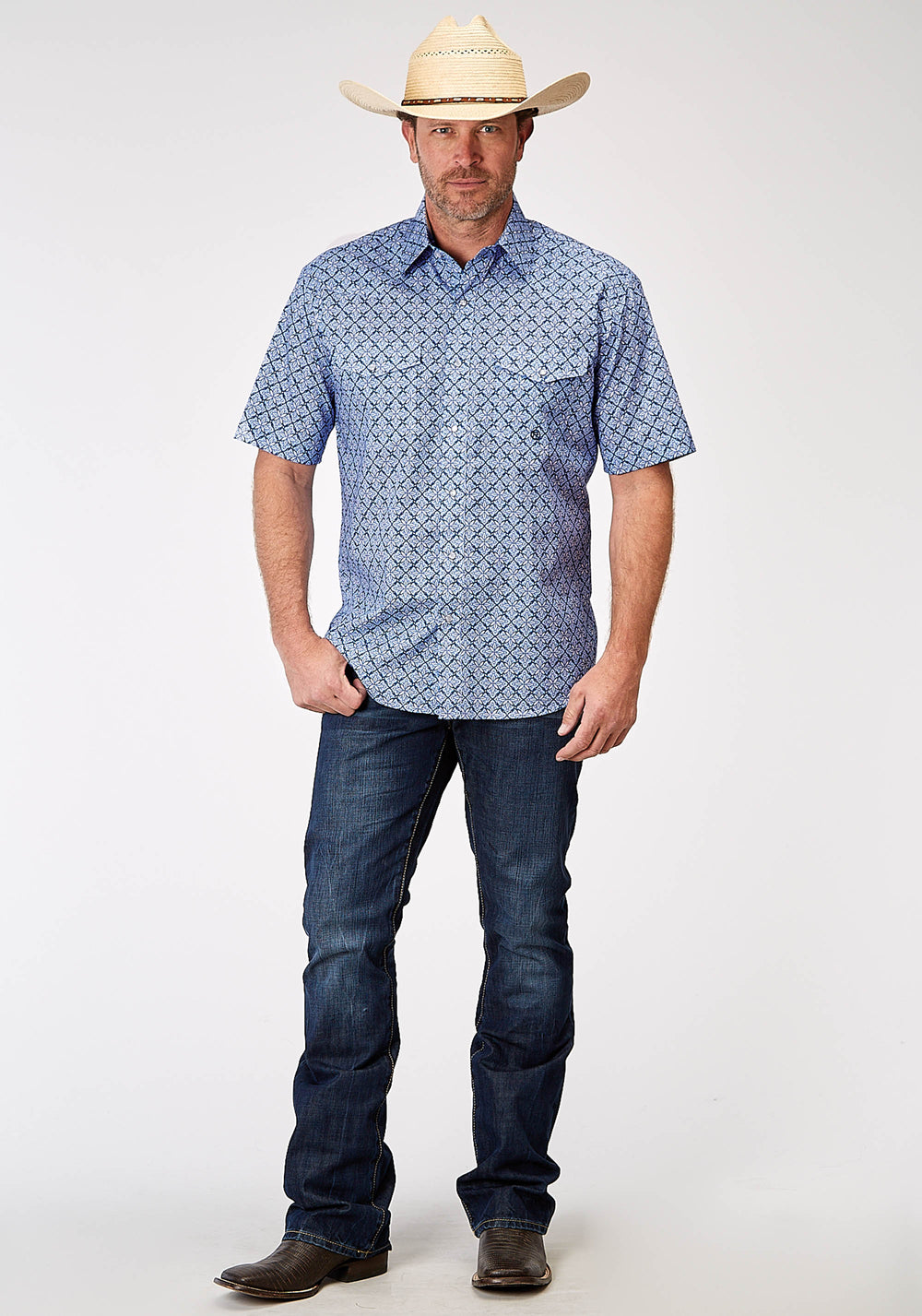 MENS SHORT SLEEVE SNAP BLUE SKIES TIE PRINT WESTERN SHIRT TALL FIT