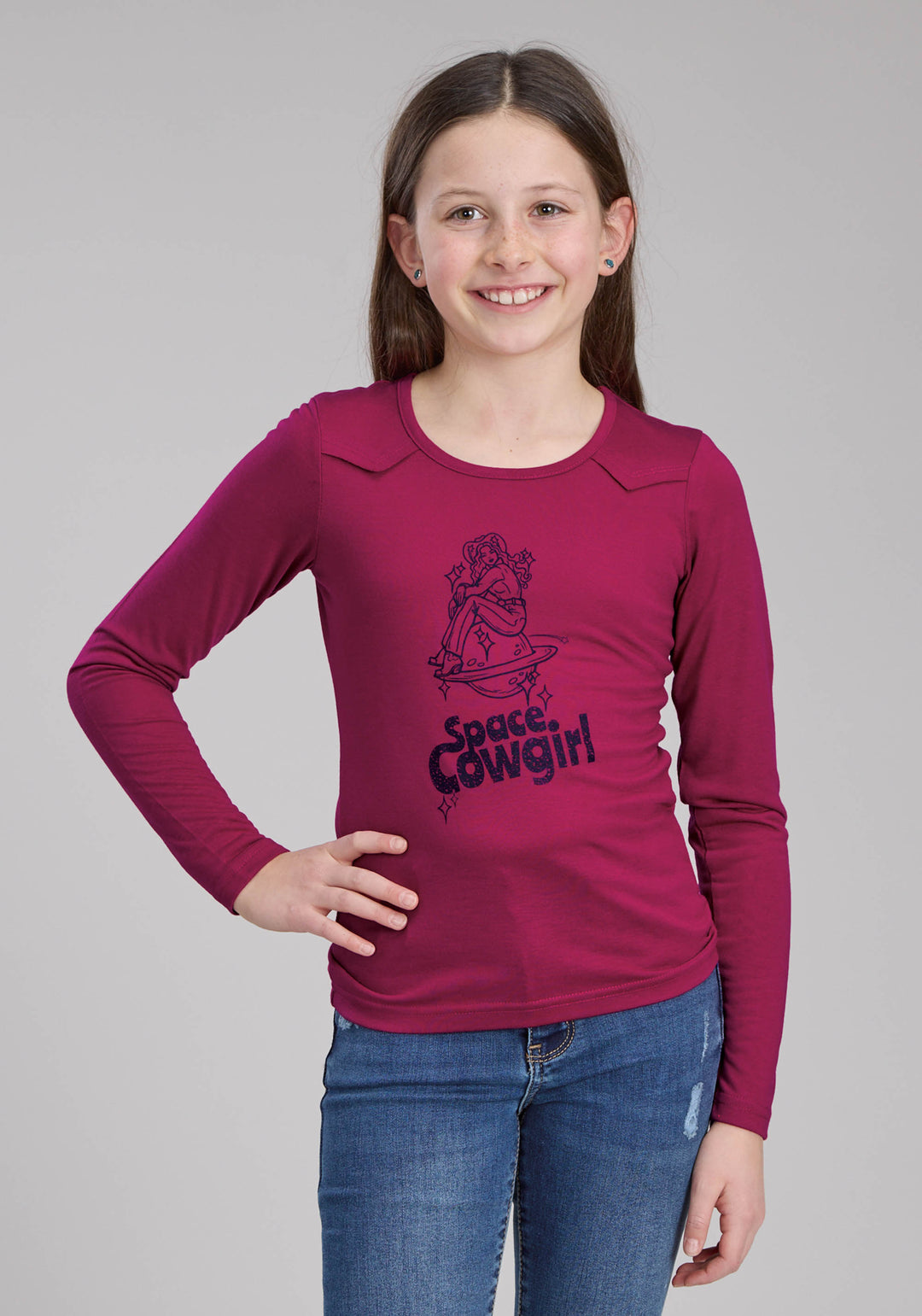 GIRLS POLY RAYON JERSEY SCOOP NECK TEE LONG SLEEVE PULLOVER WESTERN SHIRT