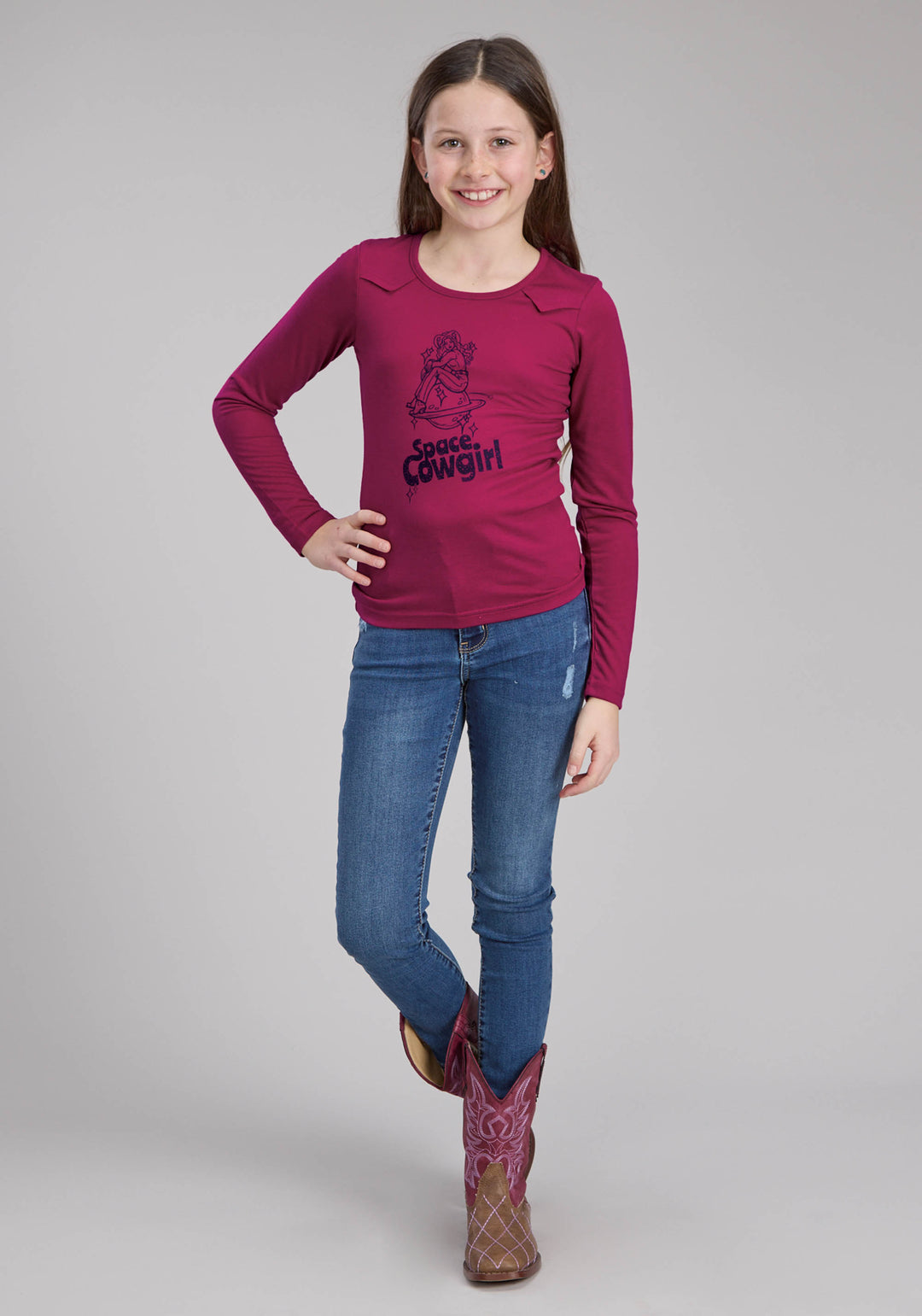 GIRLS POLY RAYON JERSEY SCOOP NECK TEE LONG SLEEVE PULLOVER WESTERN SHIRT