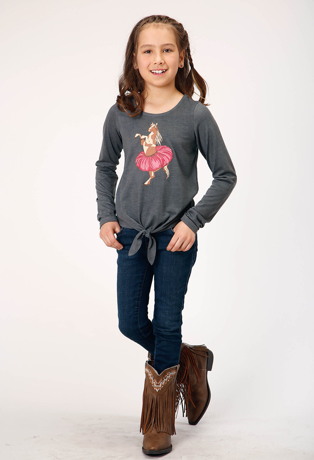 GIRLS LONG SLEEVE KNIT POLY RAYON HEATHER GREY JERSEY T T-SHIRT