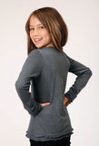 GIRLS LONG SLEEVE KNIT HEATHER GREY POLY RAYON LONG SLEEVE  RUFFLE T T-SHIRT