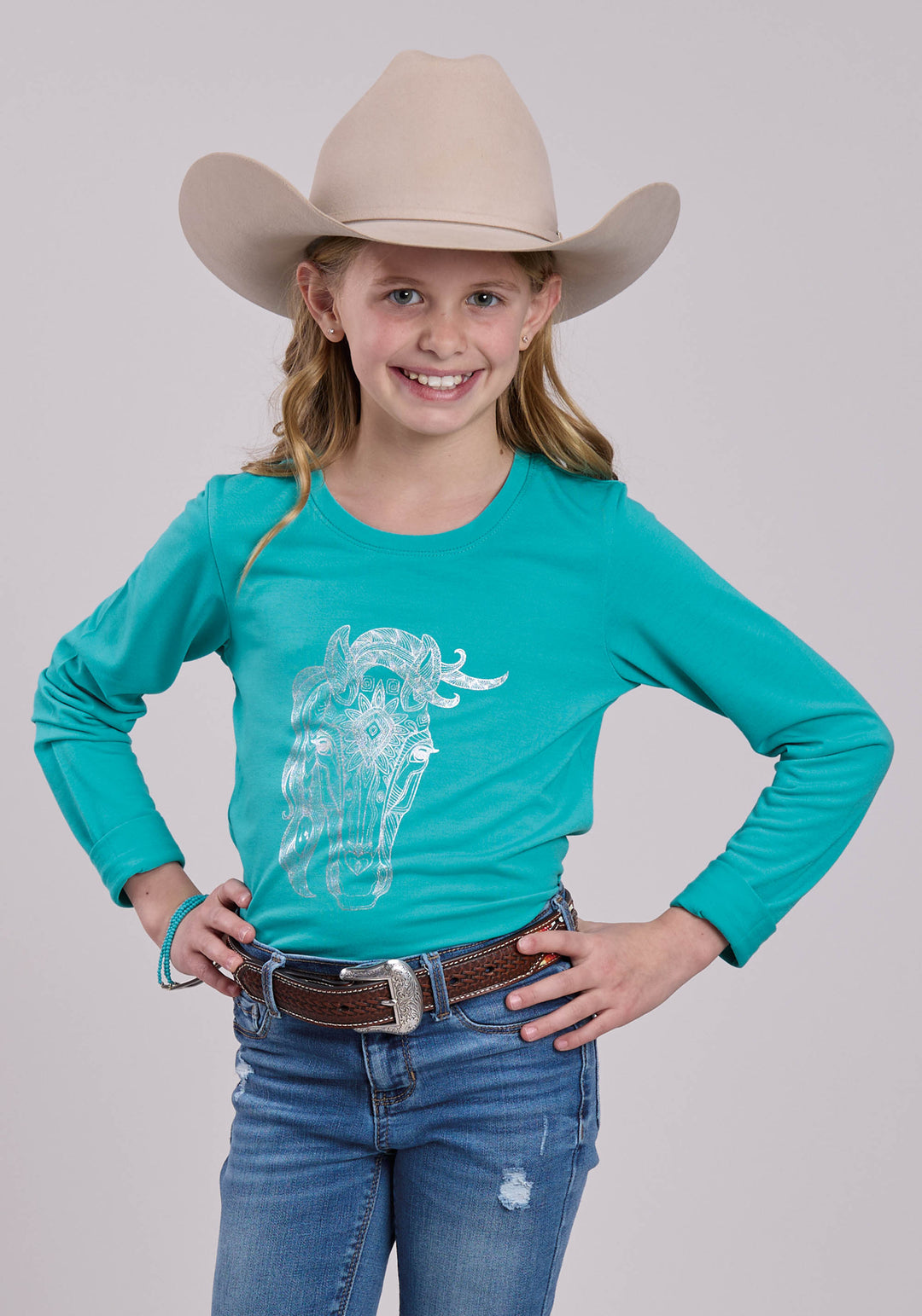GIRLS LONG SLEEVE PULLOVER POLY RAYON JERSEY TEE WESTERN SHIRT