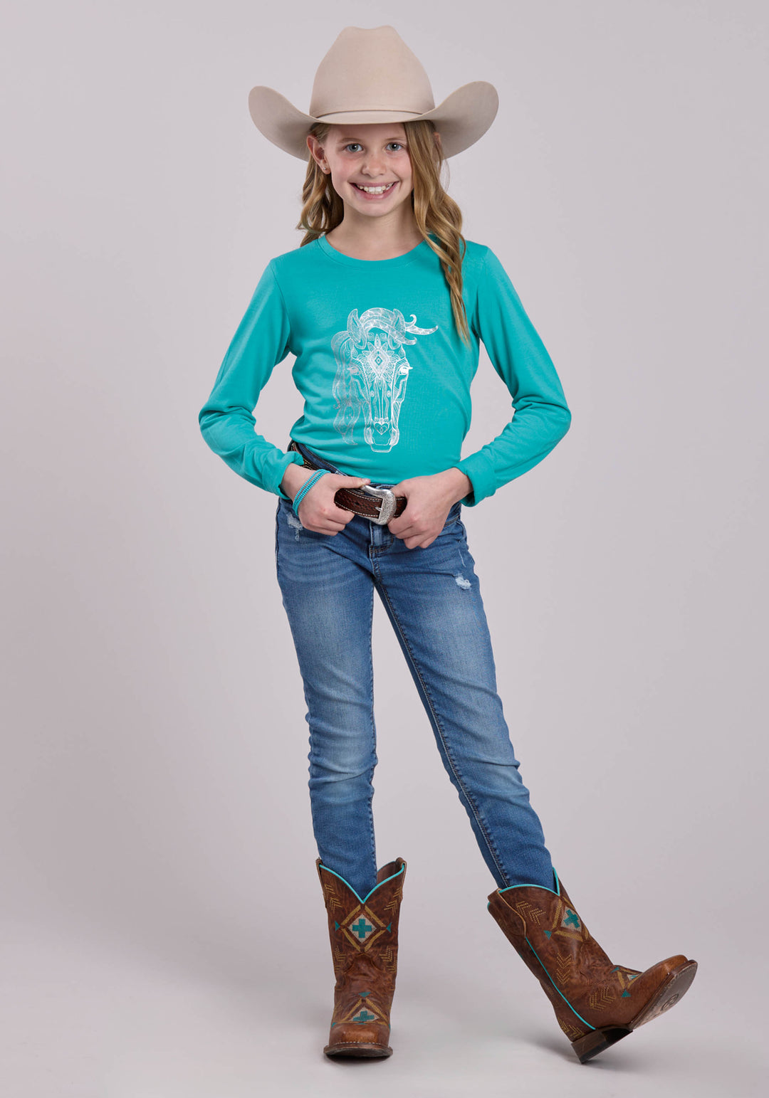 GIRLS LONG SLEEVE PULLOVER POLY RAYON JERSEY TEE WESTERN SHIRT