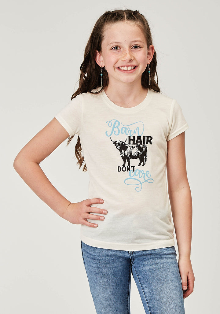 GIRLS SHORT SLEEVE POLY RAYON CREAM WESTERN T SHIRT WITH SCREEN PRINT DECORATION
