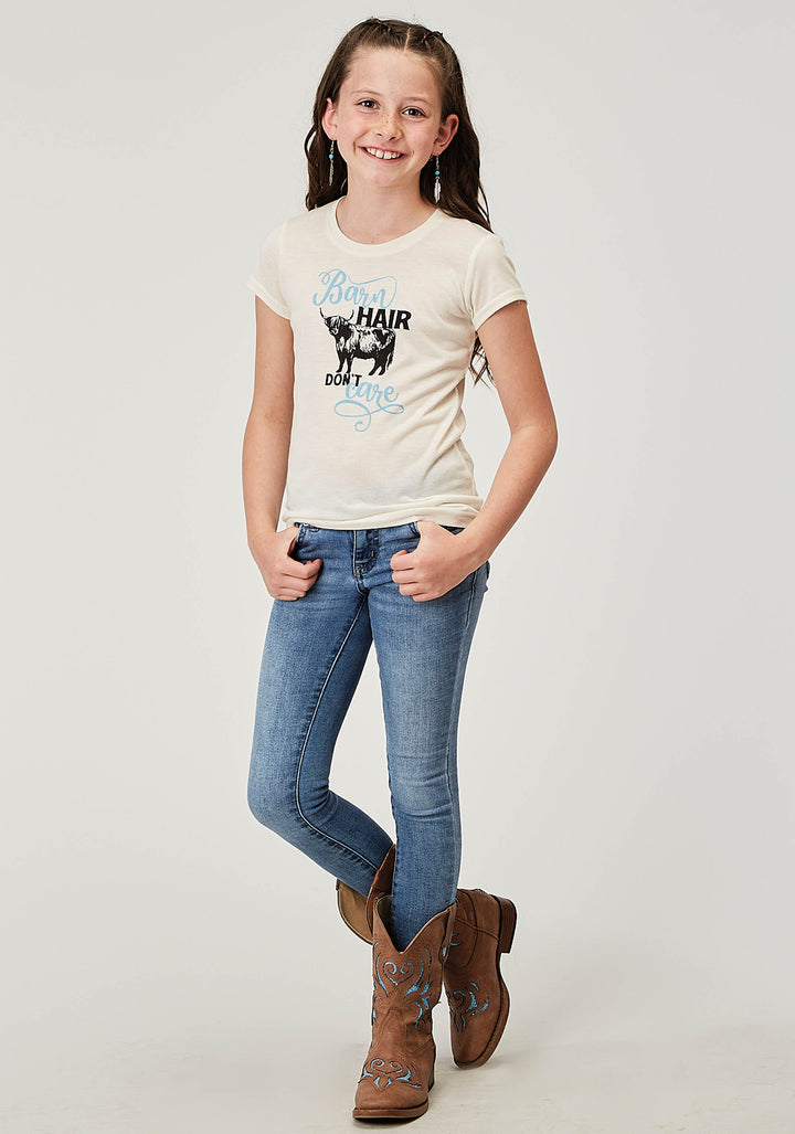 GIRLS SHORT SLEEVE POLY RAYON CREAM WESTERN T SHIRT WITH SCREEN PRINT DECORATION