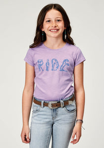 GIRLS SHORT SLEEVE LILAC COTTON SLUB JERSEY WESTERN T SHIRT WITH SCREEN PRINT DECORATION