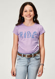 GIRLS SHORT SLEEVE LILAC COTTON SLUB JERSEY WESTERN T SHIRT WITH SCREEN PRINT DECORATION